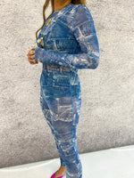 Sheer Long Sleeve Mesh Unitard In Scattered Denim Print