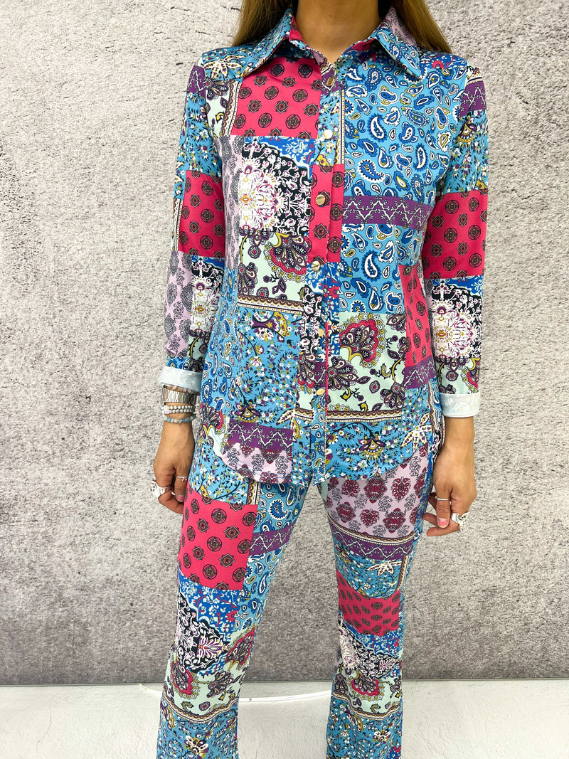 Button Up Front Shirt In Lilac Paisley Patchwork Print