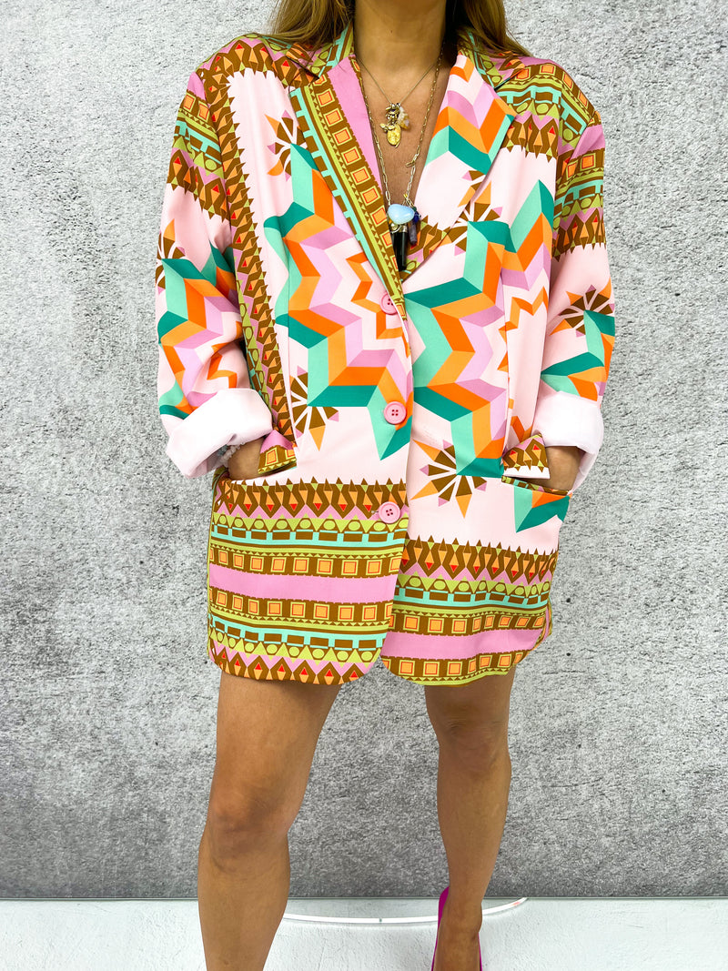 Oversized Boyfriend Blazer In Multi Tribal Print