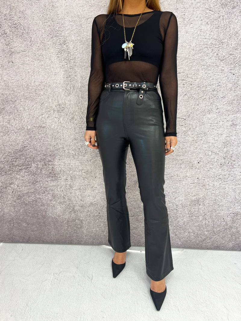Faux Leather Kick Flare Trousers In Black
