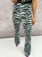 High Waisted Flared Trousers In Grey Tiger Print