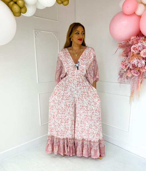 The Valentina Jumpsuit In Pink Border Print