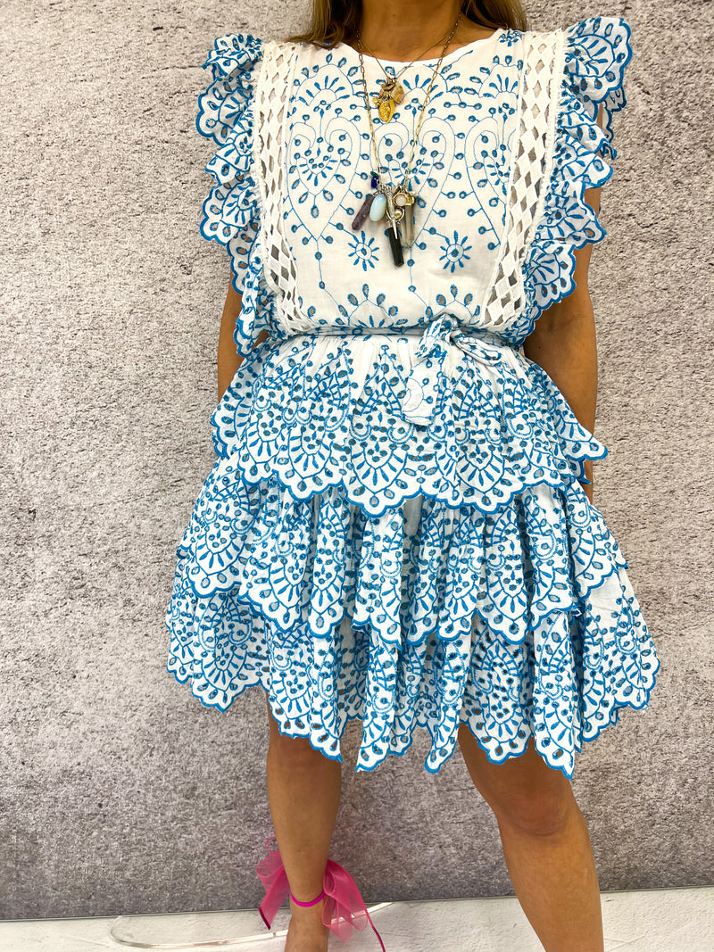 The Portofino Broderie Anglaise Mini Dress In Blue