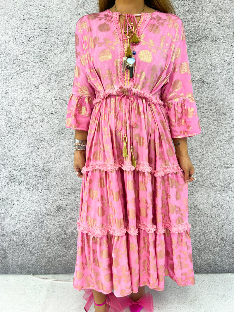 The Ravello Midi Smock Dress In Pink/Gold Metallic