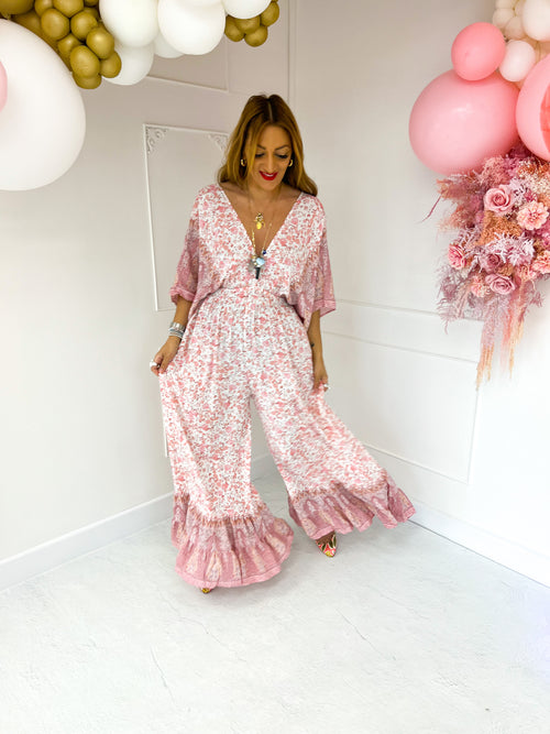 The Valentina Jumpsuit In Pink Border Print