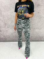 High Waisted Flared Trousers In Grey Tiger Print