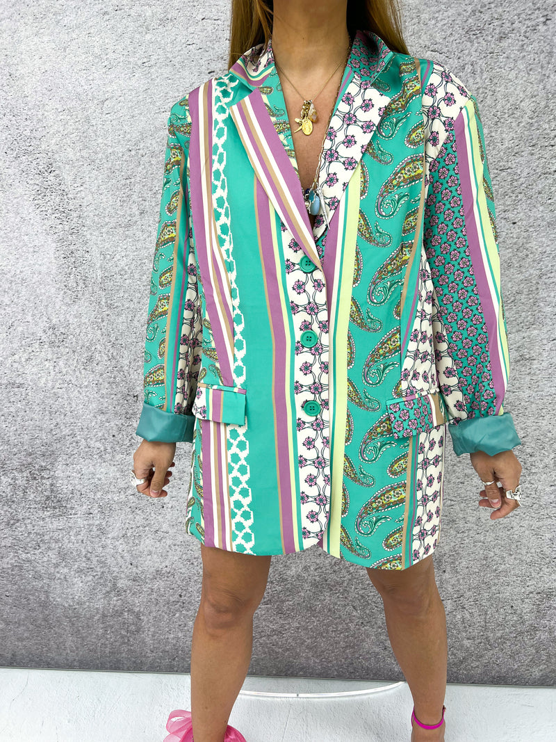 Oversized Boyfriend Blazer In Green Paisley Print