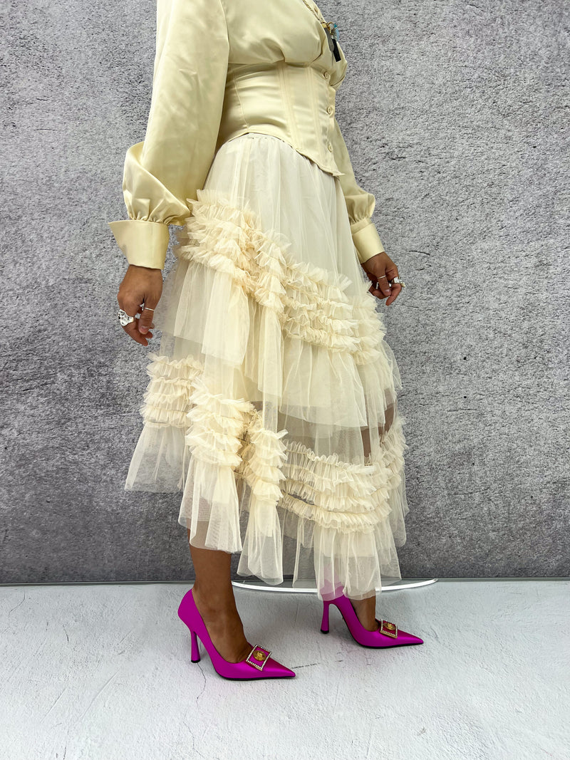 Tulle Tiered Ruffle Midi Skirt In Cream