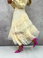 Tulle Tiered Ruffle Midi Skirt In Cream