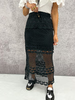 Crochet Knit Midi Skirt In Black With Drawstring Waist