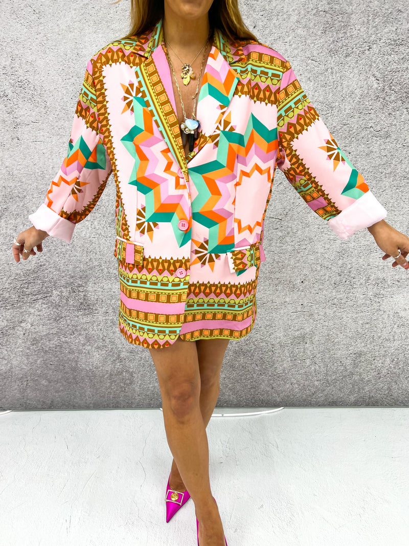 Oversized Boyfriend Blazer In Multi Tribal Print