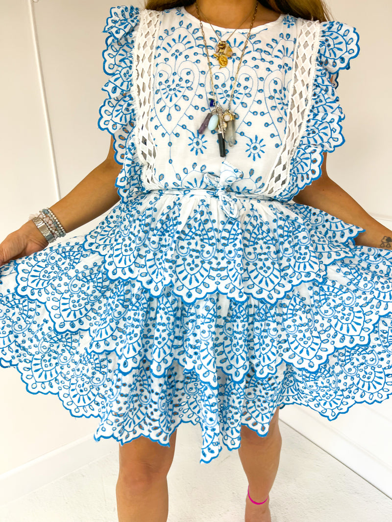The Portofino Broderie Anglaise Mini Dress In Blue