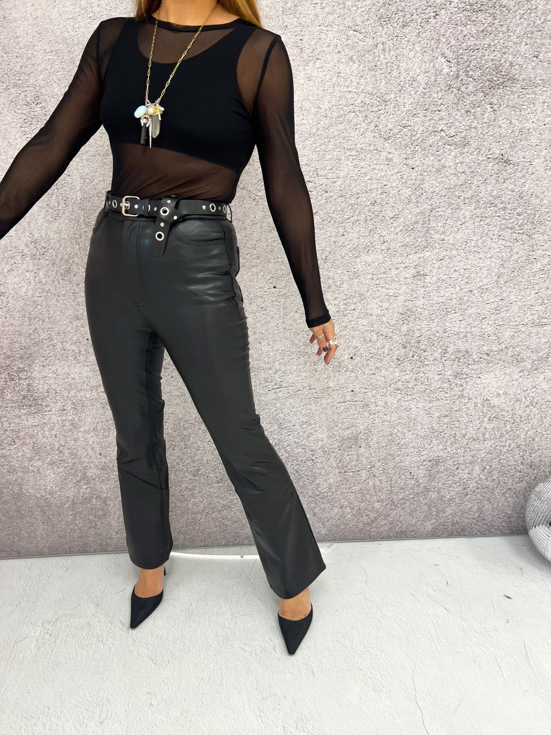 Faux Leather Kick Flare Trousers In Black