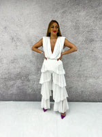 High Waisted Tiered Ruffle Trousers In White