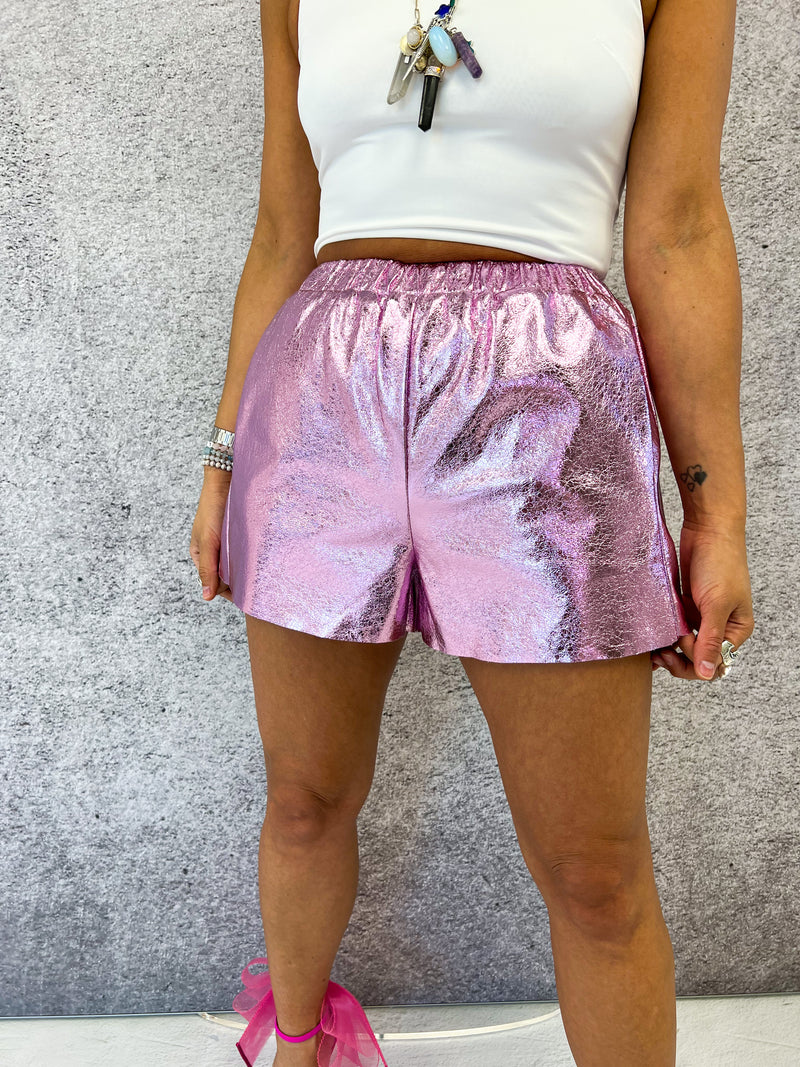 Disco Shorts In Metallic Pink Foil