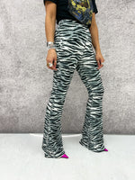 High Waisted Flared Trousers In Grey Tiger Print