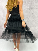 Tulle Tiered Ruffle Midi Skirt In Black