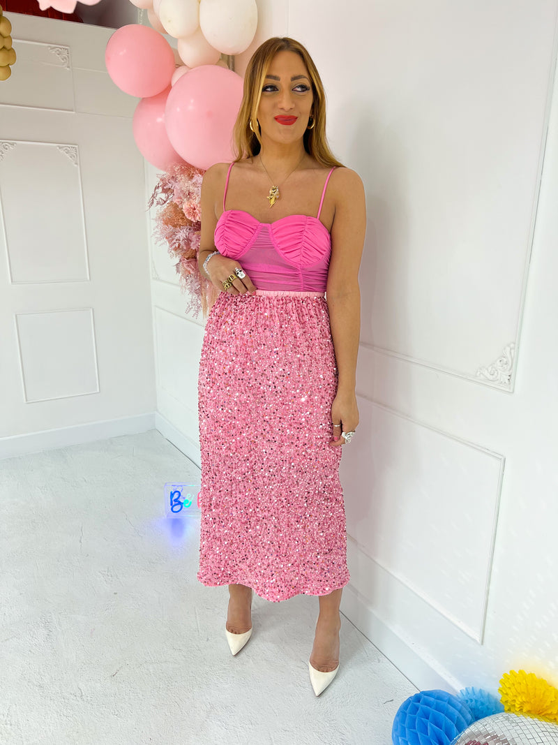 High Waisted Sequin Midi Skirt In Candy Pink