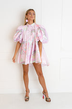 'Unicorn' Puff Sleeve Mini Dress In Baby Pink