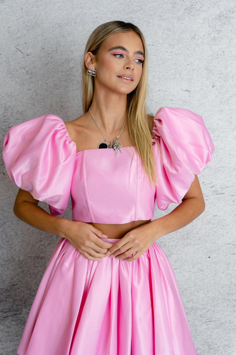 'Fortuna' Puff Sleeve Corset Top In Pink Candy