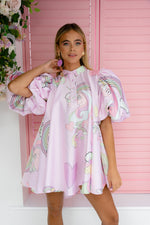 'Unicorn' Puff Sleeve Mini Dress In Baby Pink