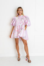 'Unicorn' Puff Sleeve Mini Dress In Baby Pink