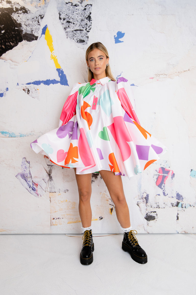 'Hatter' Bow Detail Swing Shirt Mini Dress In Multi Colour