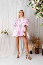 'Unicorn' Puff Sleeve Mini Dress In Baby Pink