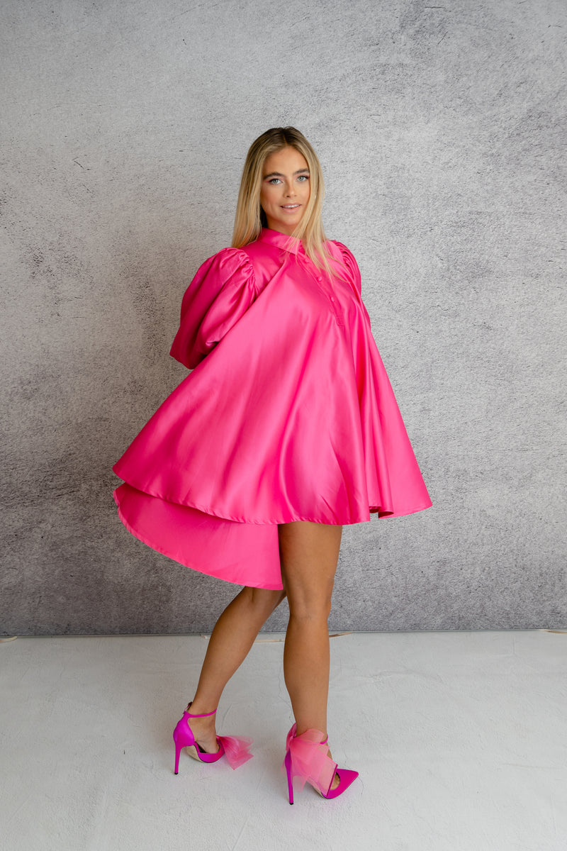 'Magenta' Puff Sleeve Mini Dress In Raspberry