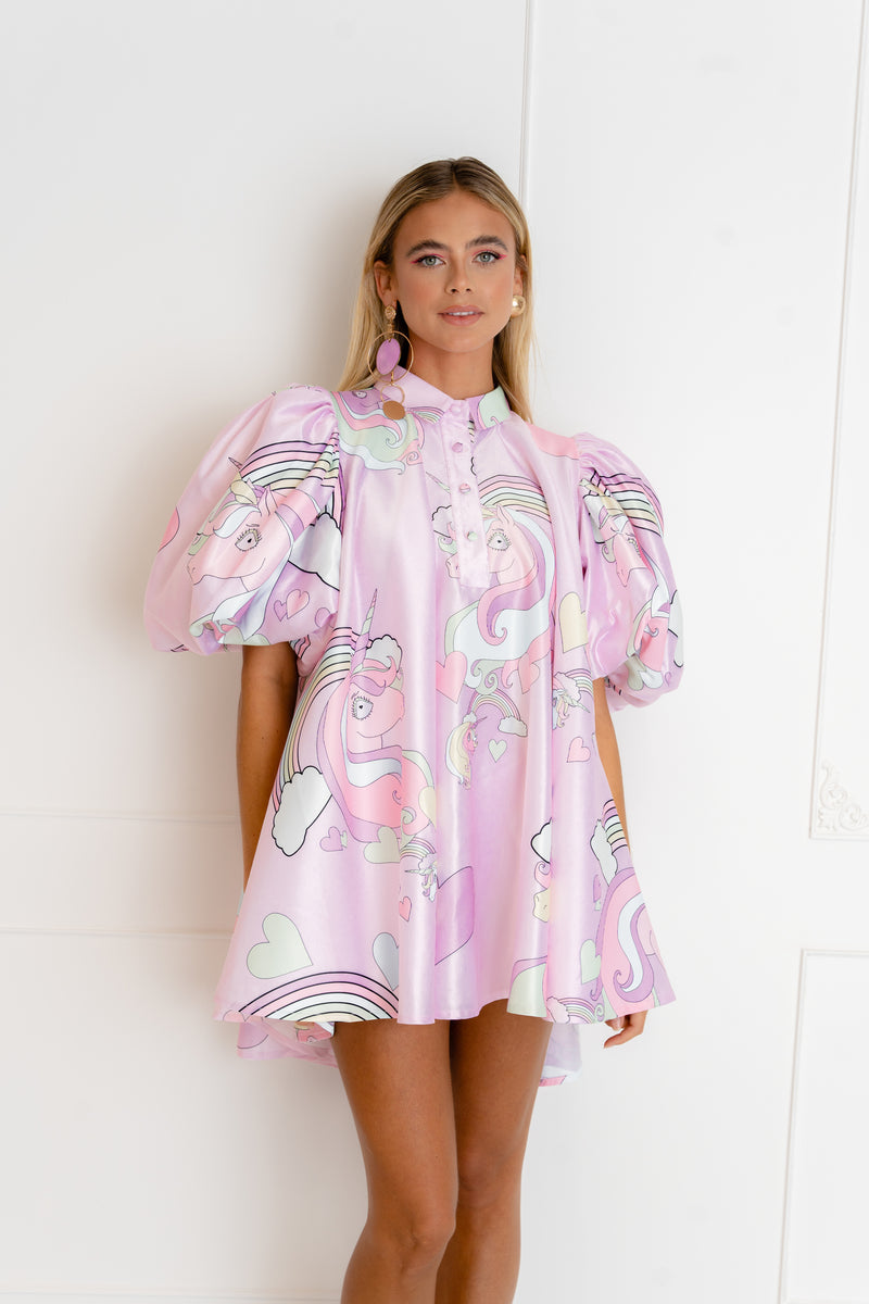 'Unicorn' Puff Sleeve Mini Dress In Baby Pink