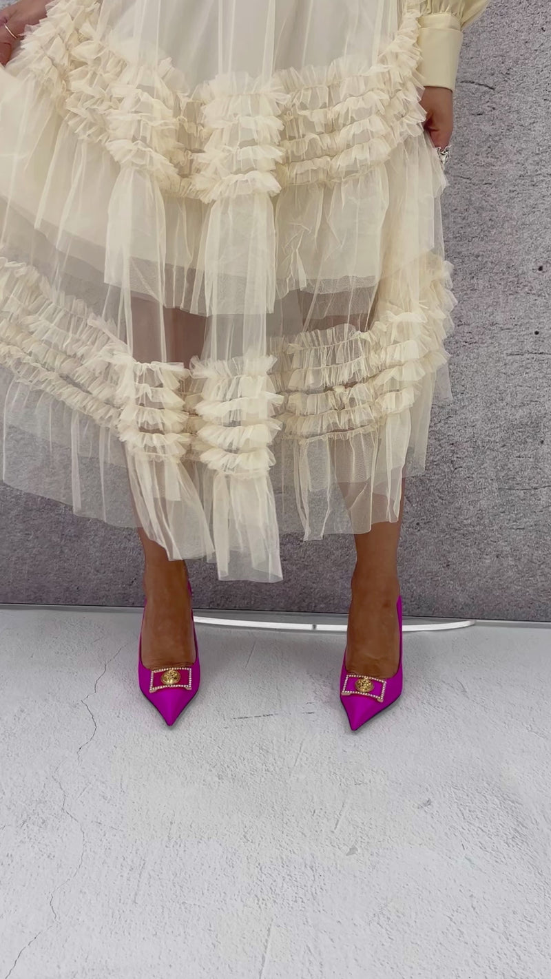 Tulle Tiered Ruffle Midi Skirt In Cream