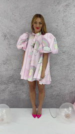 'Unicorn' Puff Sleeve Mini Dress In Baby Pink