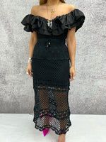 Crochet Knit Midi Skirt In Black With Drawstring Waist