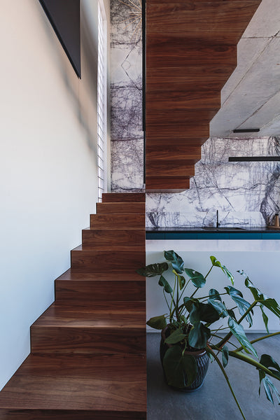lilac marble wall cladding kitchen wooden stairs