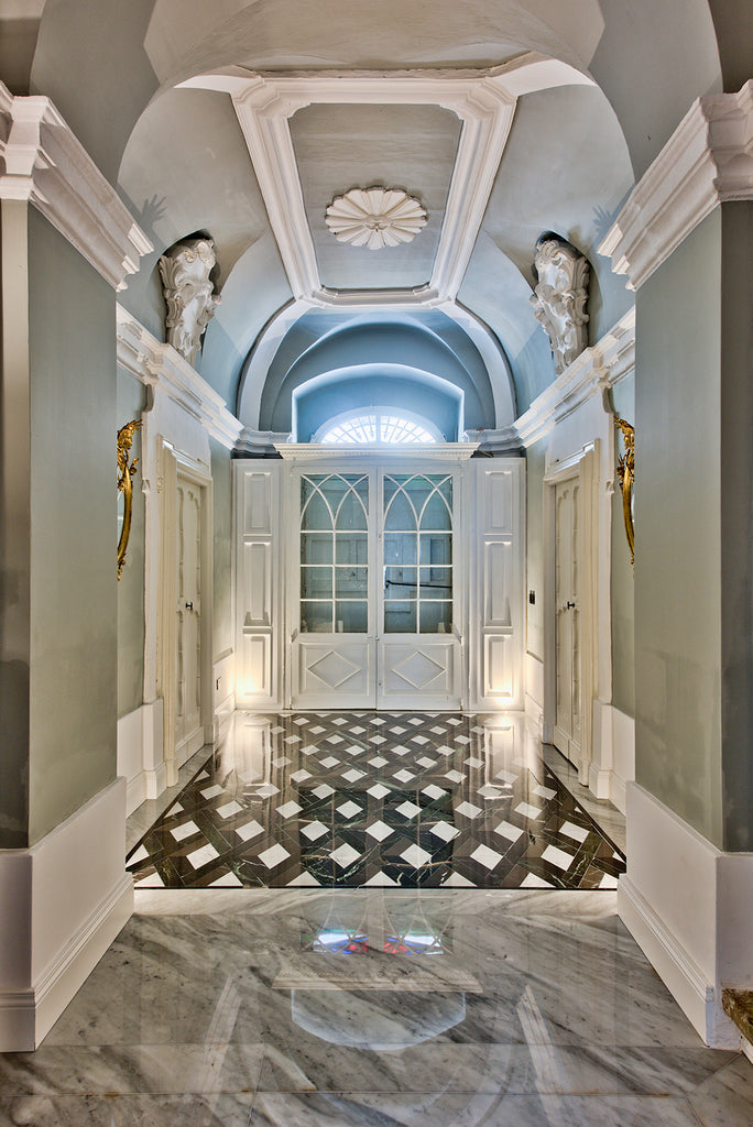 bianco carrara marble flooring and mosaic floor using Grey Stone, Nero Marquina, Verde Guatemala and Bianco Carrara