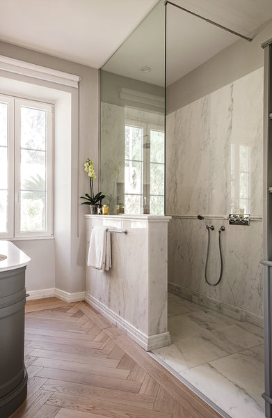 white marble shower floor bathroom