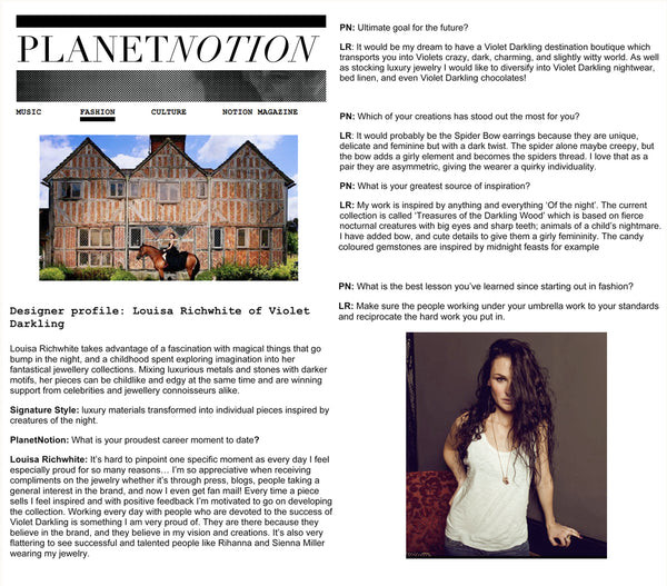 Planet Notion features Violet Darkling's designer Louisa Richwhite