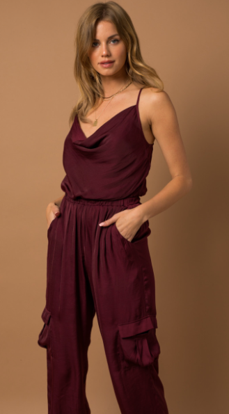 maroon satin jumpsuit