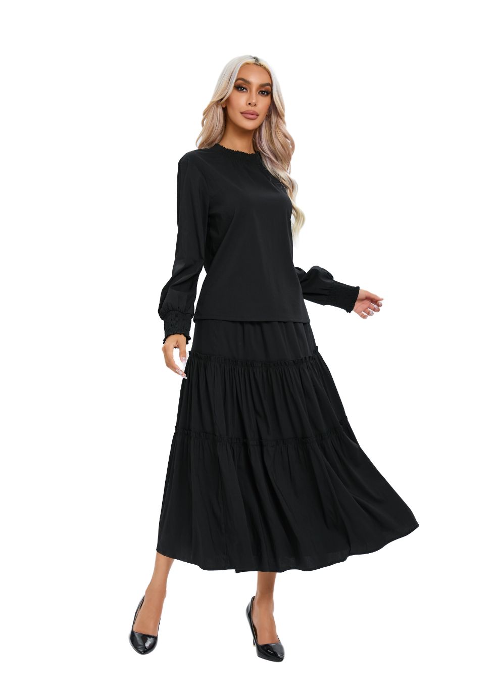 Long Sleeve Top and Tiered Skirt Midi Dress Set - alamaud