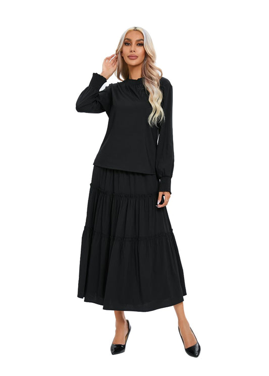 Long Sleeve Top and Tiered Skirt Midi Dress Set - alamaud