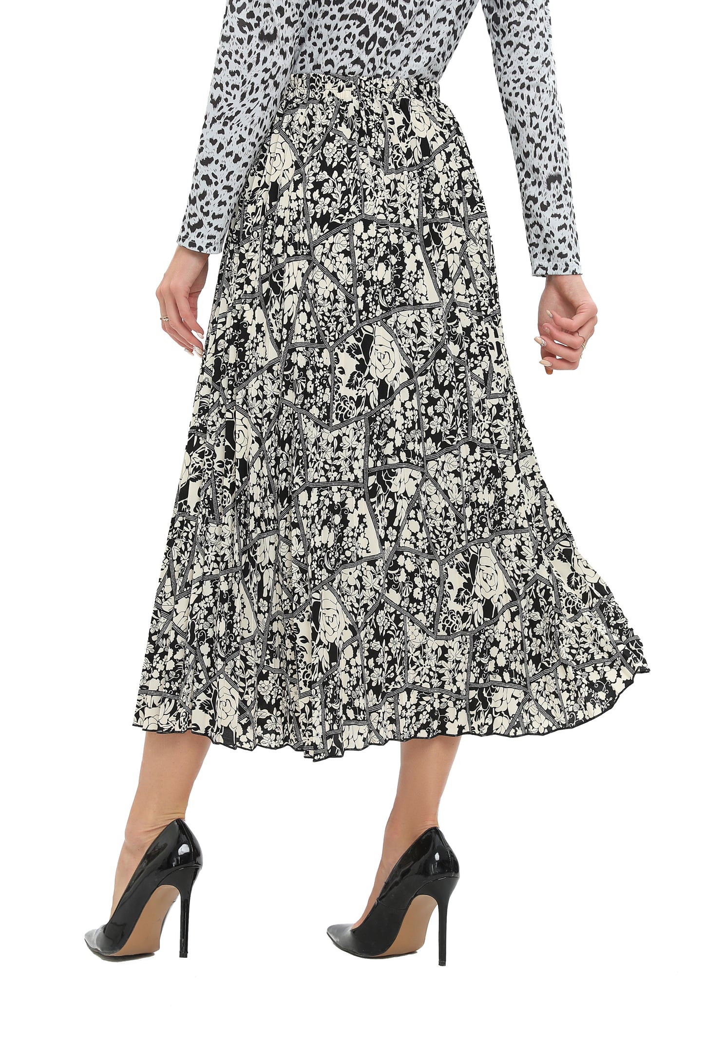 Monochrome Print Midi Pleated Skirt