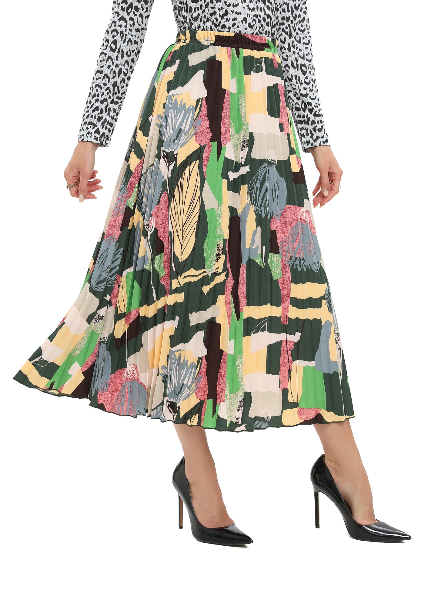 Colorful Print Midi Pleated Skirt