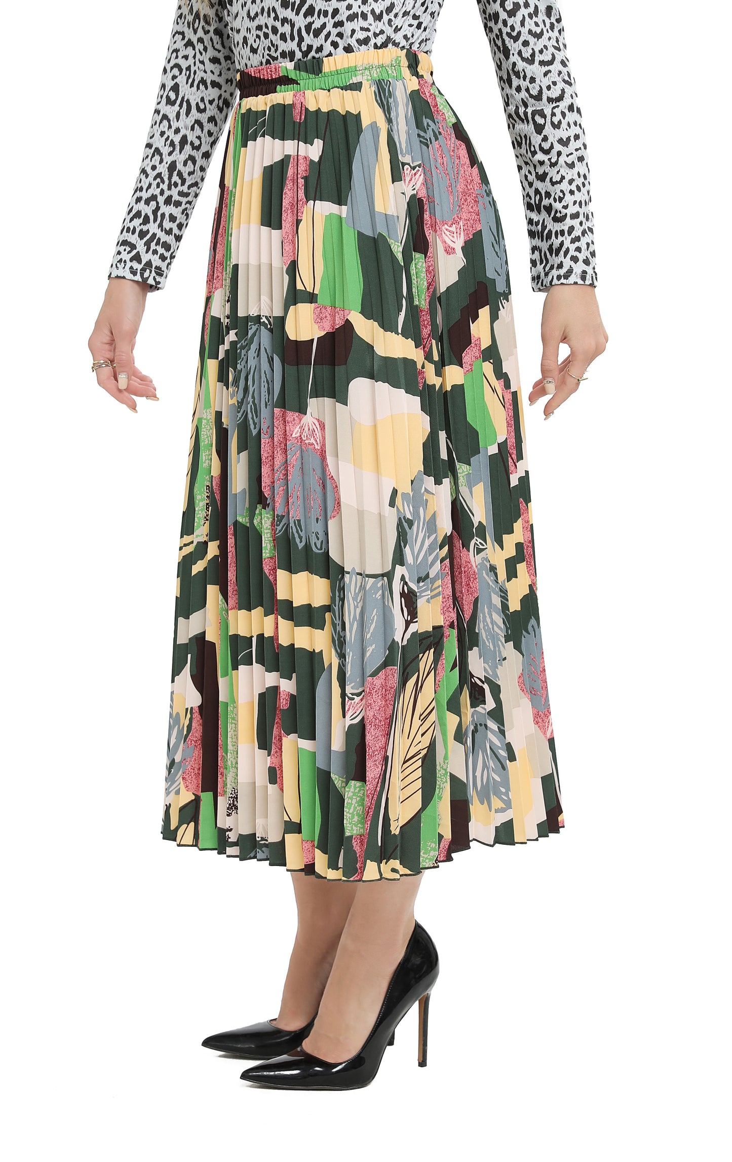 Colorful Print Midi Pleated Skirt