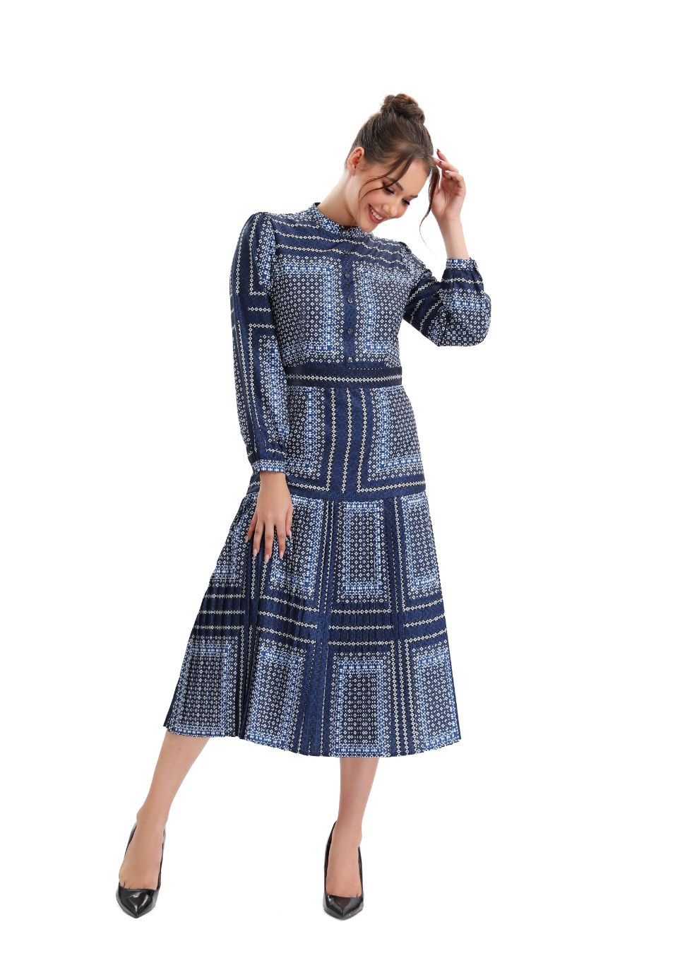Navy Blue Vibrant  Pleated Midi Dress