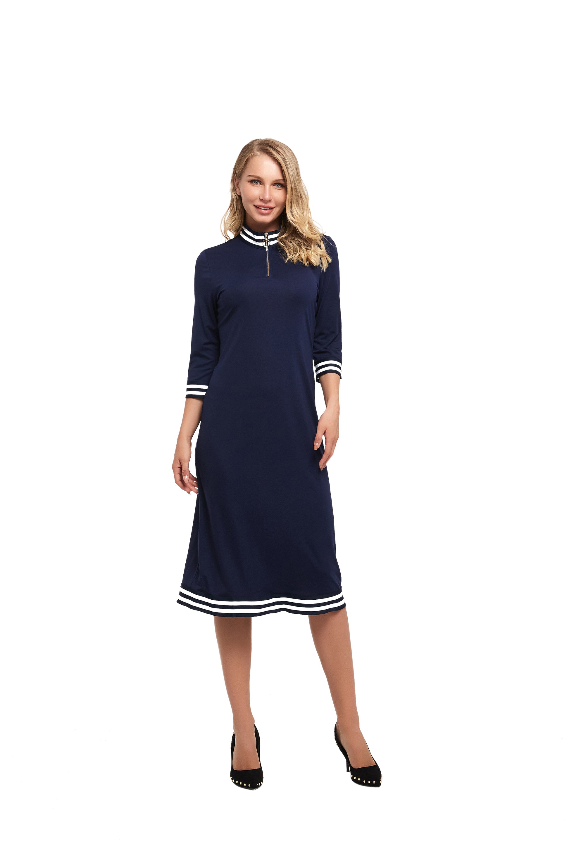 Modest Dress with 3/4 Sleeve and Striped Band Detail - alamaud