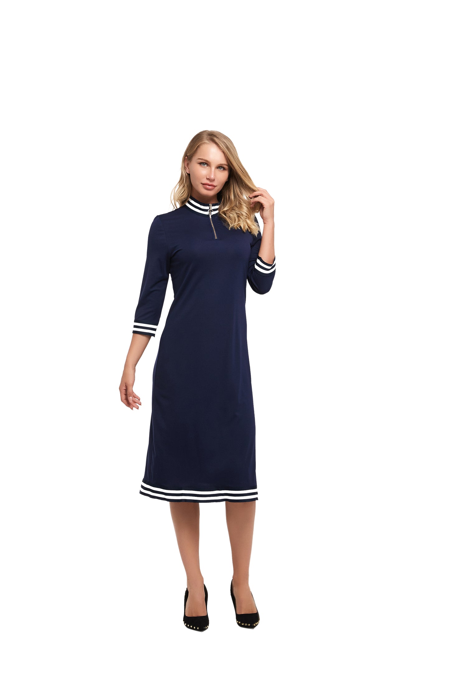 Modest Dress with 3/4 Sleeve and Striped Band Detail - alamaud