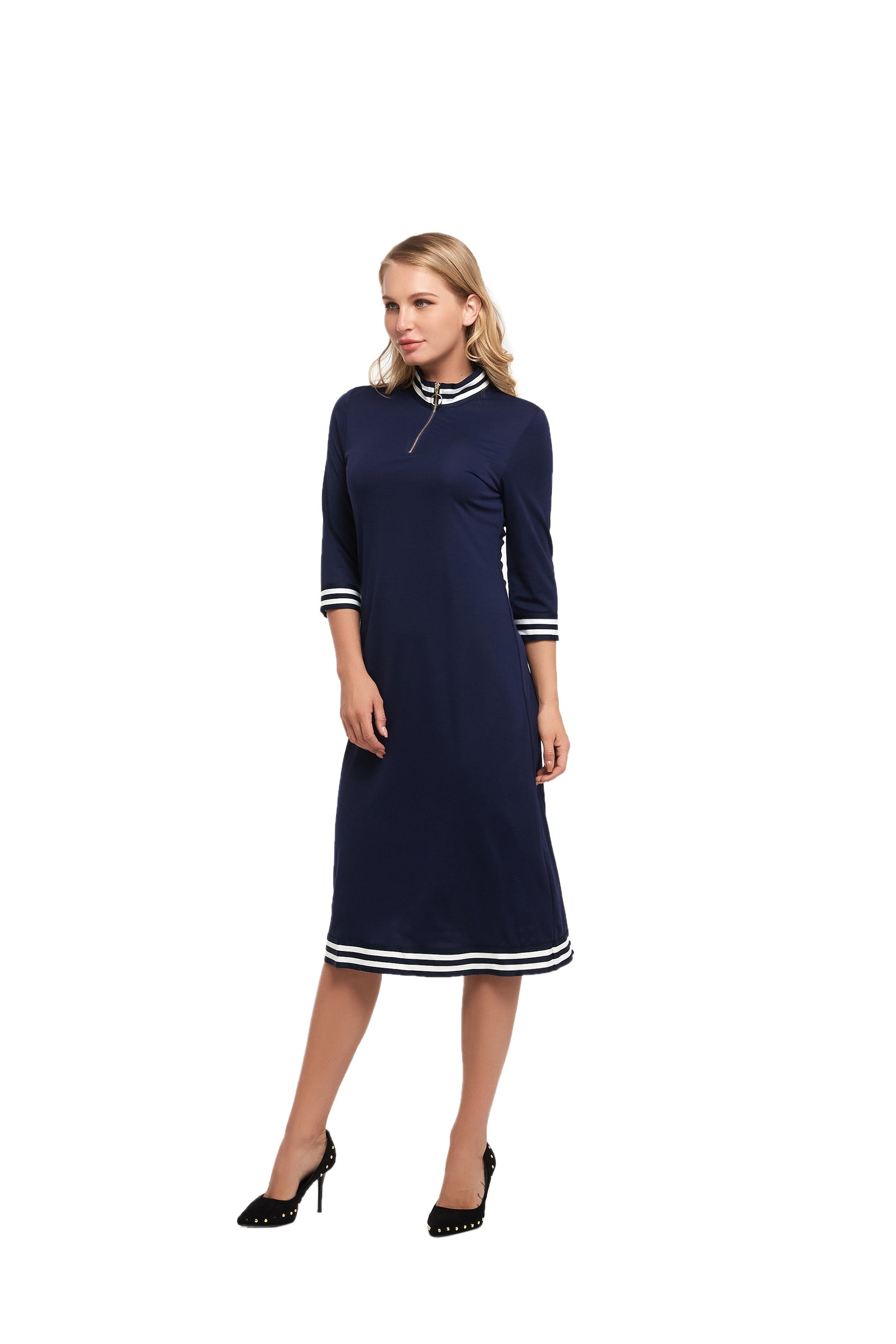 Modest Dress with 3/4 Sleeve and Striped Band Detail - alamaud