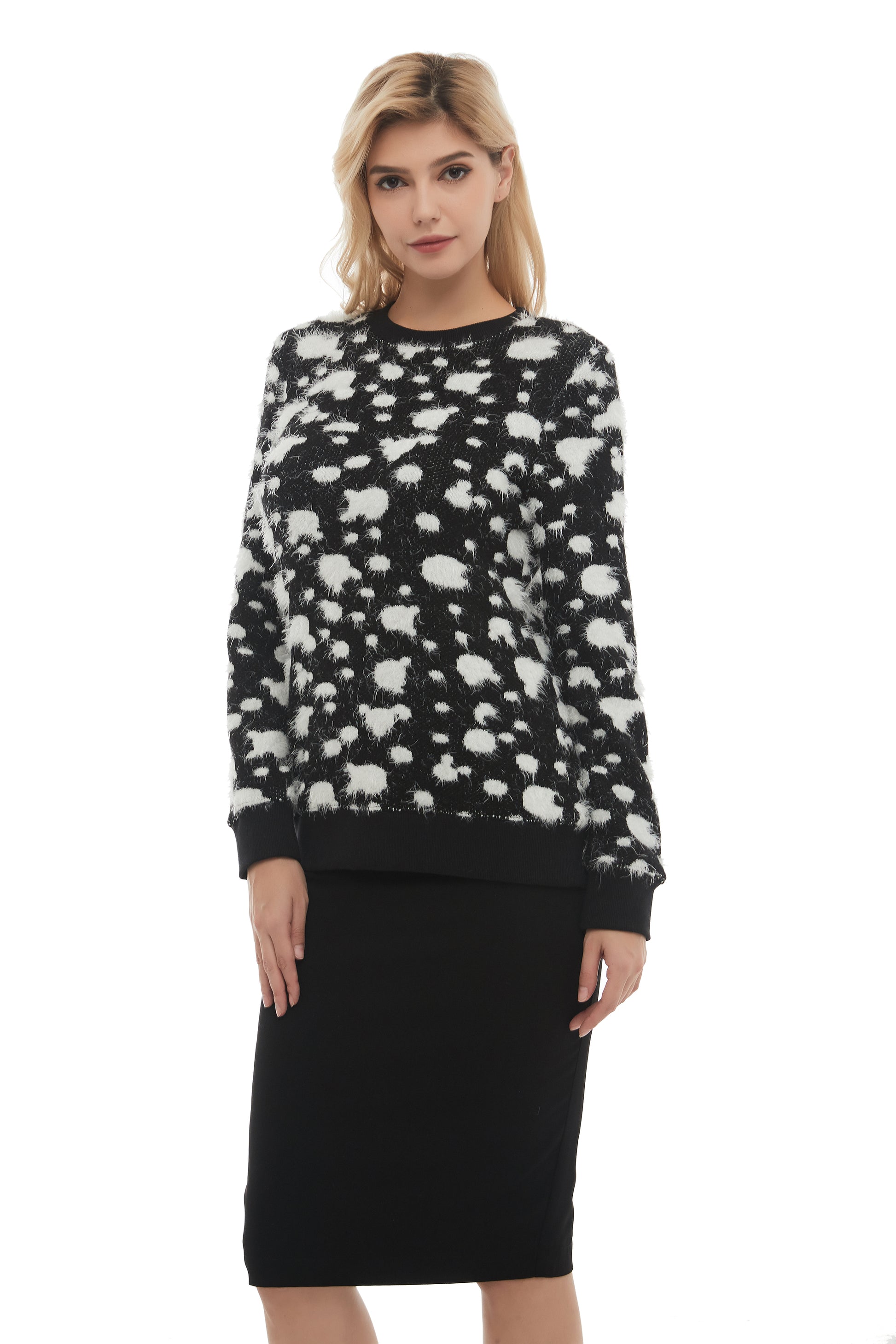 Long Sleeve Modest Mohair Black & White Sweater Top - alamaud
