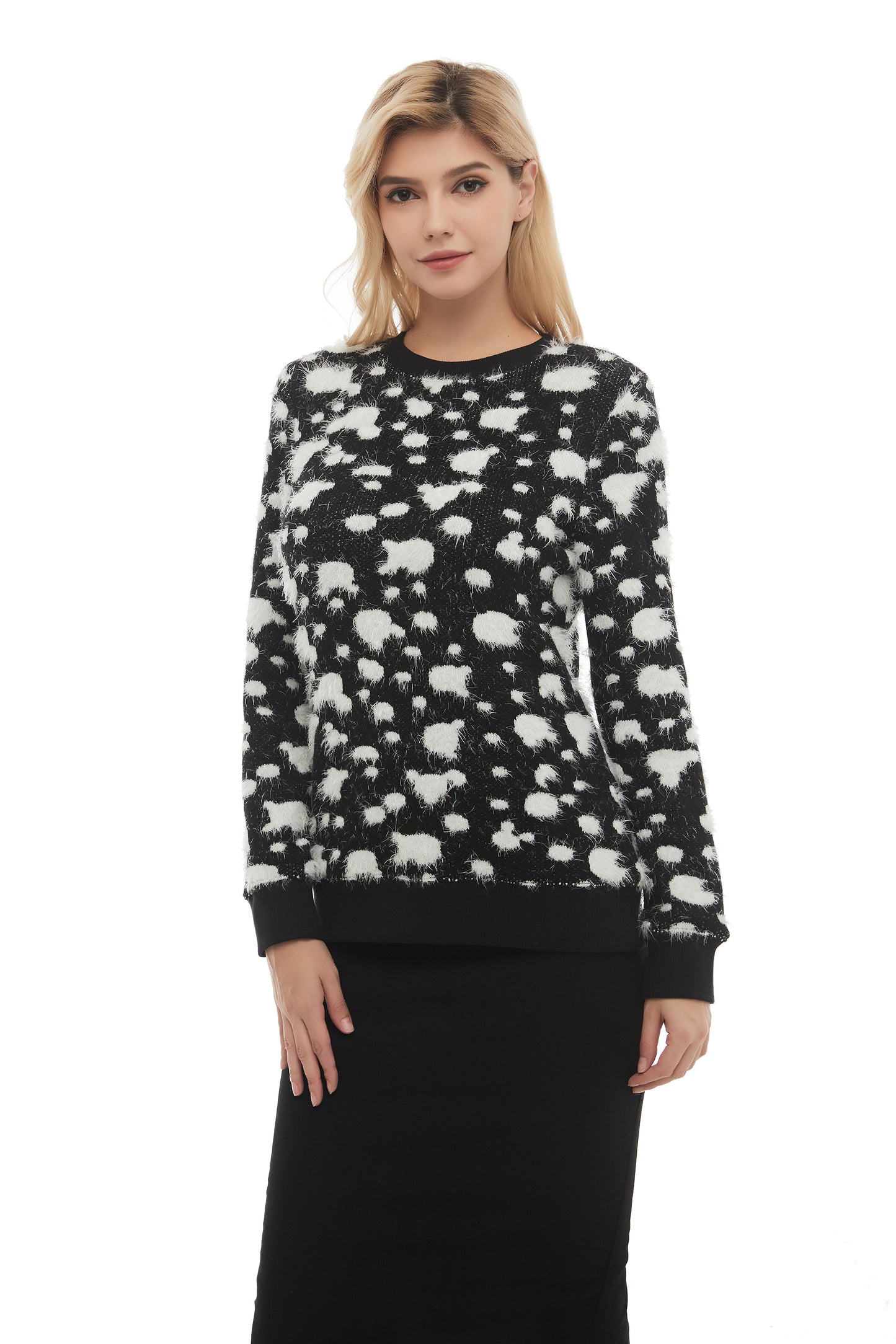 Long Sleeve Modest Mohair Black & White Sweater Top - alamaud