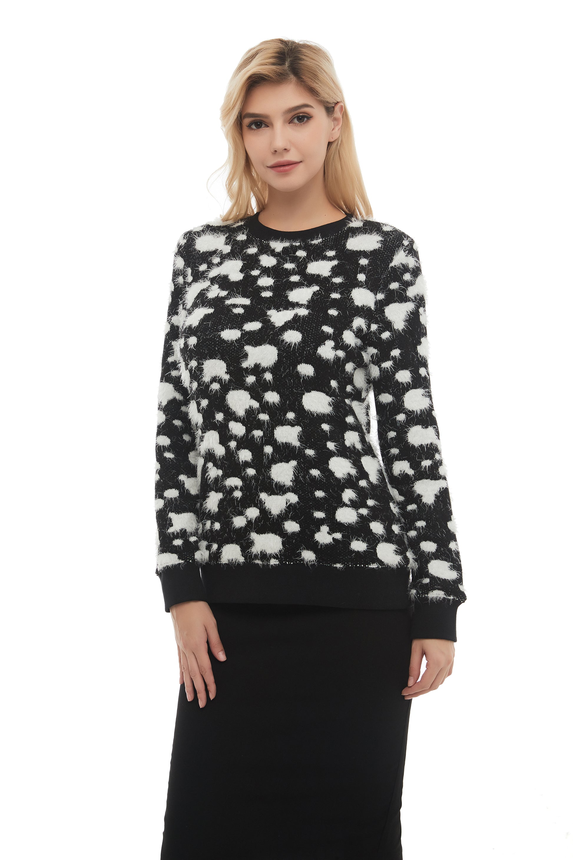 Long Sleeve Modest Mohair Black & White Sweater Top - seilerlanguageservices